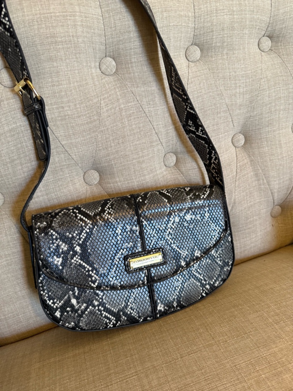London Fog Black Snake-Embossed Crossbody Bag with Gold Hardware